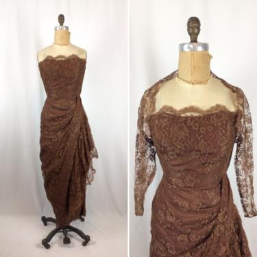 Vintage 50s dress | Vintage chocolate brown all lace wiggle dress | 1950s Joseph Magnin lace  cocktail party dress 
