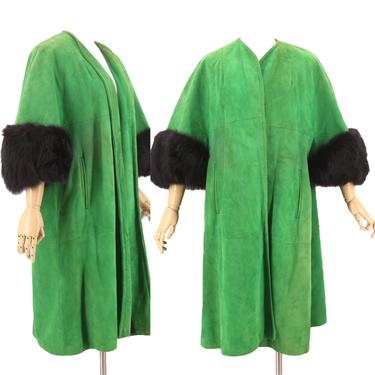 50s green suede fur trim swing coat M-L  / vintage 1950s vibrant emerald Fox Fur trim mid century car coat Large 