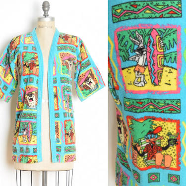 vintage 90s towel swim jacket LOONEY TUNES print terry cloth top Taz Bugs XS clothing 