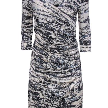 Diane von Furstenberg - White & Gray Marbled Printed Ruched Dress Sz 10