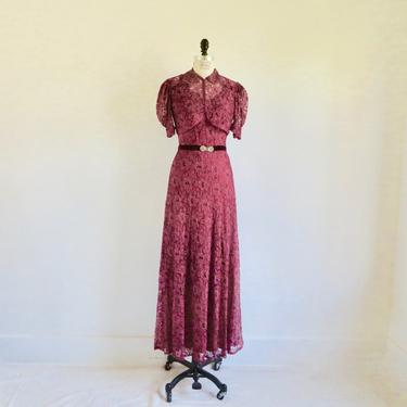Vintage 1930's Art Deco Burgundy Lace Long Evening Dress with Matching Cropped Jacket Velvet Straps and Bow Trim Flapper Great Gatsby Small 