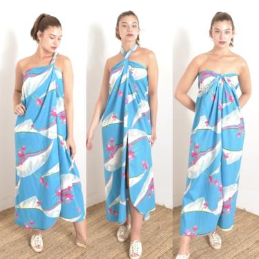 Vintage 1980s Dress / 80s Convertible Multi-Way Hawaiian Sarong Dress / Blue ( S M L ) 