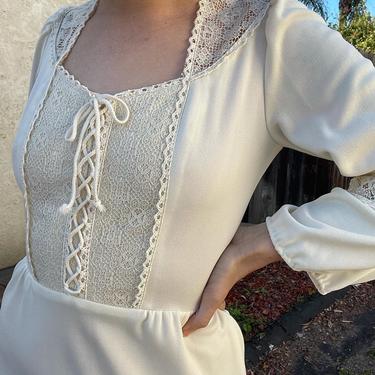 1970s vintage ivory colored folk maxi dress with lace detailing 