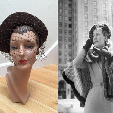 She Was Ready to Take Mahattan - Vintage 1940s Chocolate Brown Wool Felt Bonnet Hat w/Face Veil 
