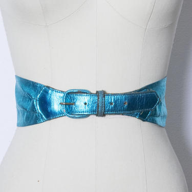 1970s Belt Metallic Blue Leather Waist Cinch S 