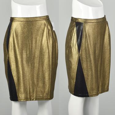Medium 1990s Gianni Versace Metallic Gold Pencil Skirt Black Embellishments 