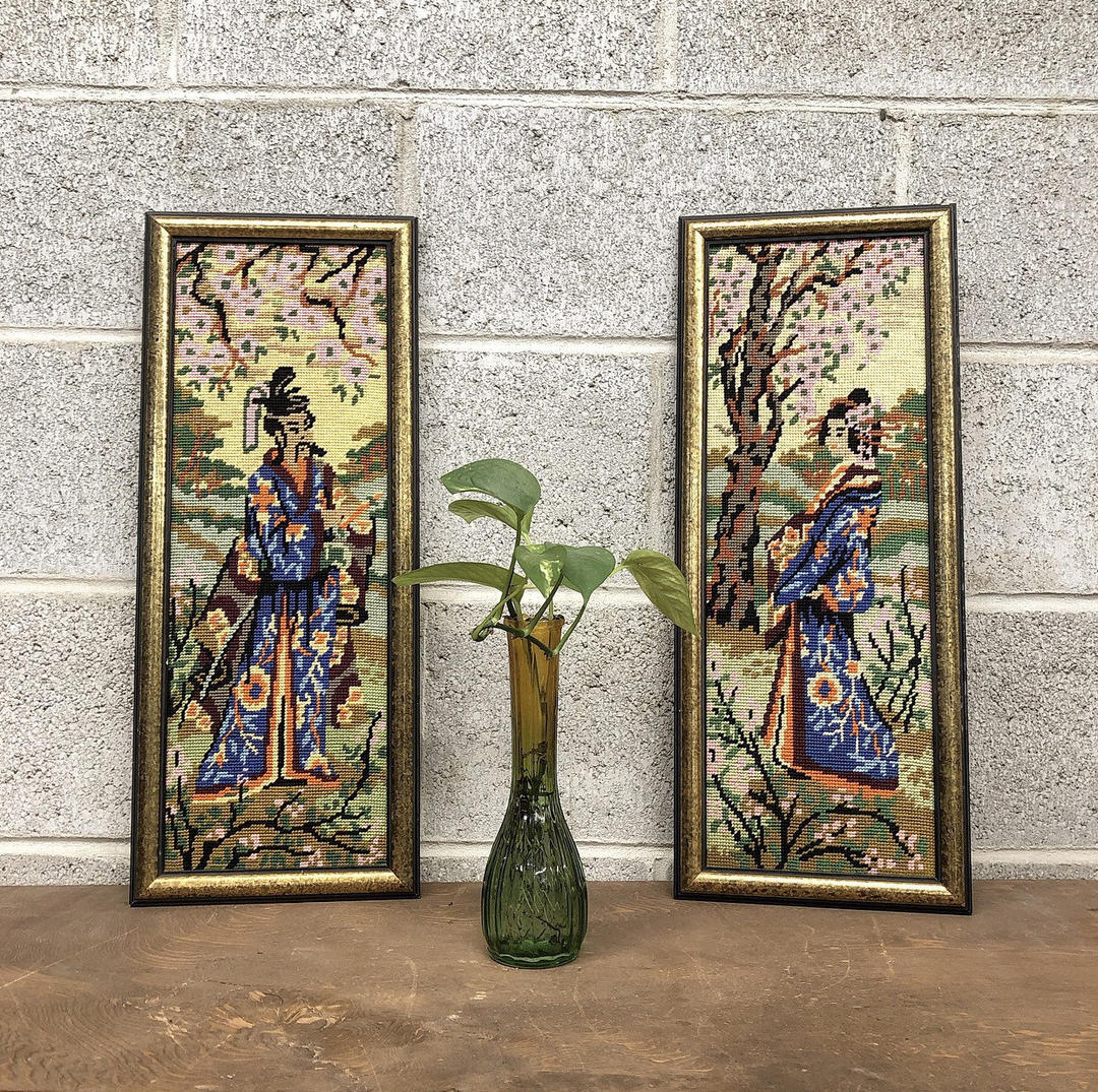 Vintage Japanese Needlepoint Art Set Retro 1960s Size 22x9 Geisha