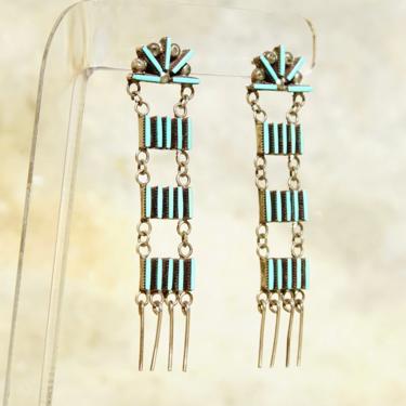 Vintage Zuni Sterling Silver Needlepoint Turquoise Ladder Dangle Earrings, Handmade Chandelier Earrings, Native American Jewelry, 2 3/4 US 