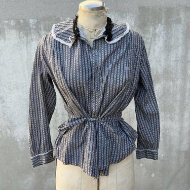 Antique Edwardian Black & White Cotton Calico Blouse Shirt Top Prairie Vintage