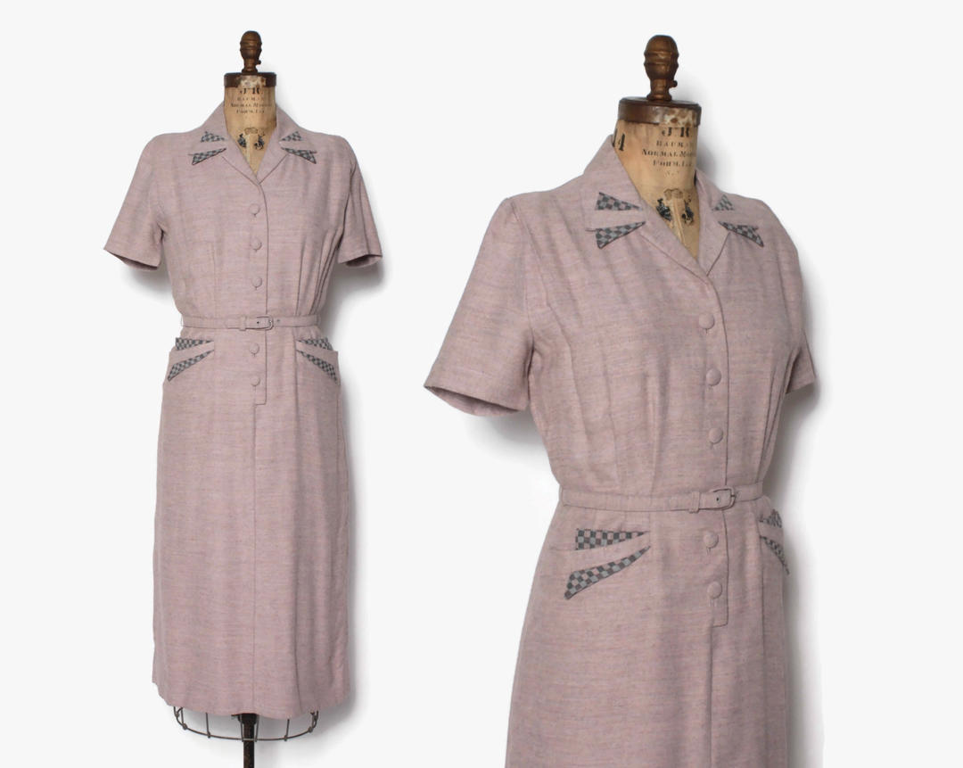 Vintage 50s Belted Heather Pink Day Dress / 1950s Checkerboard Trim