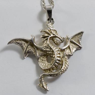 Detailed 90's Mexico sterling gothic dragon pendant, big edgy 925 silver mythical beast on long Italy twist chain necklace 