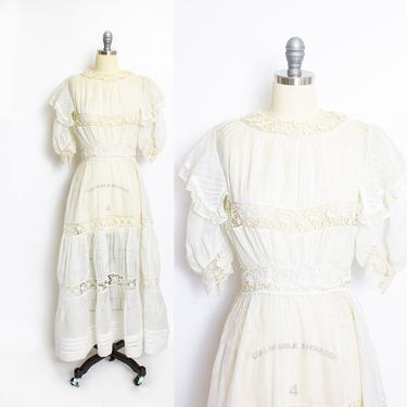 Vintage Victorian Dress Antique Sheer White Lace Cotton 1910s Small 