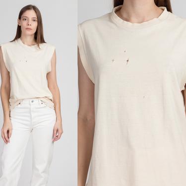 Vintage 80s Muscle Shirt - Medium | Unisex Off-White Distressed Sleeveless T Shirt 
