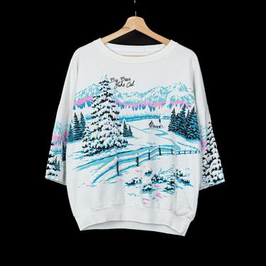 90s Winter Snow Scene All-Over Print Sweatshirt - One Size | Vintage Oversized Graphic Winter Landscape Pullover 