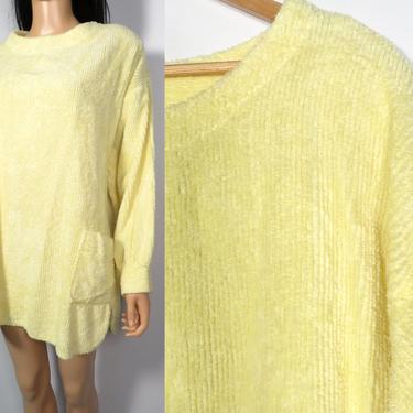 Vintage 80s Pastel Yellow Terry Cloth Loungewear Cover Up Made In USA Size XL 