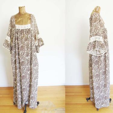 Vintage 60s Brown Floral Maxi Dress L - 1960s Wide Sleeve Long Maxi MuMu Sundress - Gauze Cotton Hippie Boho Dress - 60s 70s Clothing 