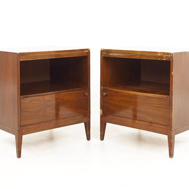 Paul McCobb Style West Michigan Furniture Mid Century Walnut and Brass Nightstands - Pair - mcm 
