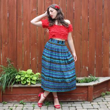 Vintage 1980s Abstract Floral Print Skirt - High Waisted Blue &amp; Black Midi Skirt with Pockets - S 