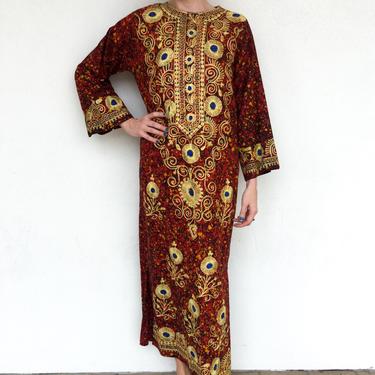 1970s Cotton Batik Ethnic Tunic Dress with Gold and Blue Hand Embroidery 