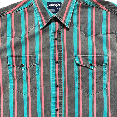 Vintage 1990s WRANGLER Striped Western Shirt ~ L ~ Snap Button ~ Rockabilly ~ Made in USA 