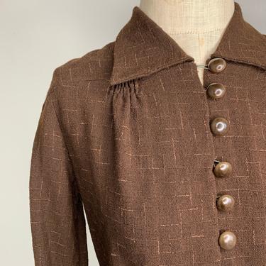 Smart 1940s Chocolate Brown Flecked Wool Dress with Details 36 Bust Vintage 
