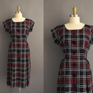 1950s vintage dress | Modern Classic Red &amp; Black Plaid Print Cotton Print Day Dress | Large | 50s dress 