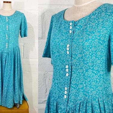 Vintage Turquoise Blue Sundress Floral Midi Dress Short Sleeve 1980s 80s Boho Drop Waist Summer Fit & Flare Cottagecore Medium Large 