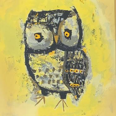 Margaret Layton Mid Century Modern Framed Abstract Owl Painting 