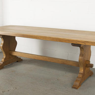 Antique Country French Provincial Oak Farmhouse Trestle Dining Table 
