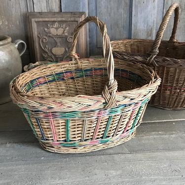 Rustic Willow Basket, Wicker, Multi Color, Bentwood Handle, Farmhouse, Garden Flower Easter Basket 