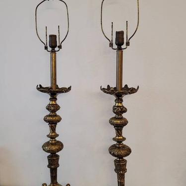 Pair of Antique French Baroque Gilt Bronze Floor Candlestick Table Lamps 