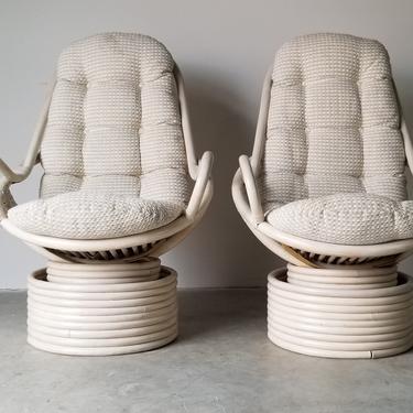 Vintage Paul Frankl Style Swivel Rattan Lounge Chairs - a Pair 