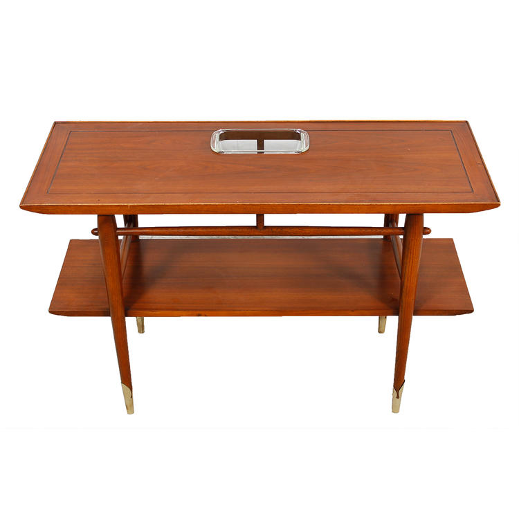 MCM Walnut Tall Coffee Table w/ Shelf & Glass Insert