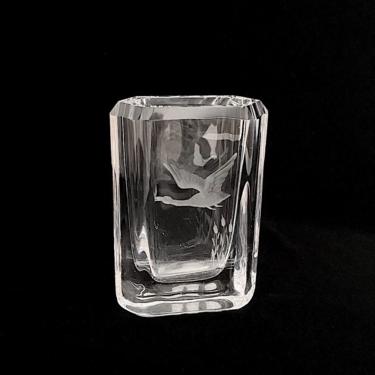 Vintage 1960s 1970s Modernist Art Glass Carved Crystal Vase w/ Flying Goose Edenfalk Skruf H 900-1 