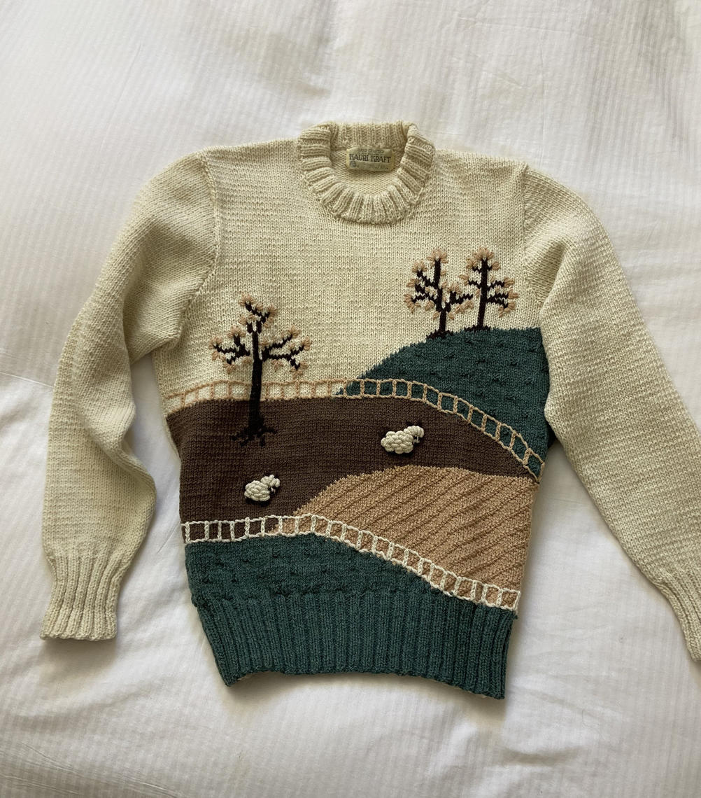 70s hand knit scenic farm sheep sweater vintage oatmeal wool Recap Vintage Studio Philadelphia PA