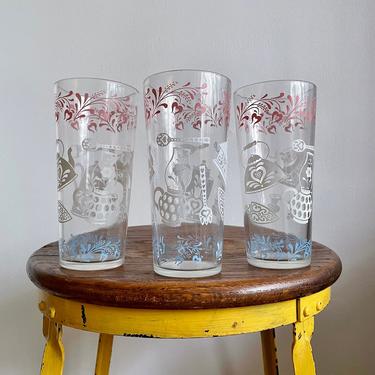 Set of 3- Vintage Tumblers Water Glasses w/ Pink, Blue, &amp; White Country Farmhouse Kitchen Pattern, Tea Kettle, Trivets, Utensils, MCM Retro 