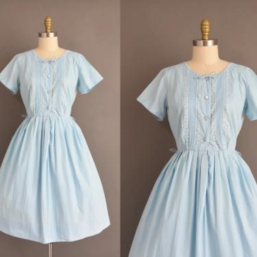 vintage 1950s dress | Adorable Periwinkle Short Sleeve Full Skirt Summer Cotton Shirt Dress | Large | 50s vintage dress 