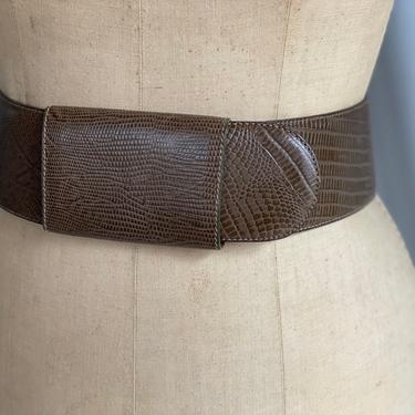 27-32" Waist Belt / Donna Karan Brown Vintage Leather Belt / Statement Belt / Reptile Snakeskin Embossed Leather Belt 