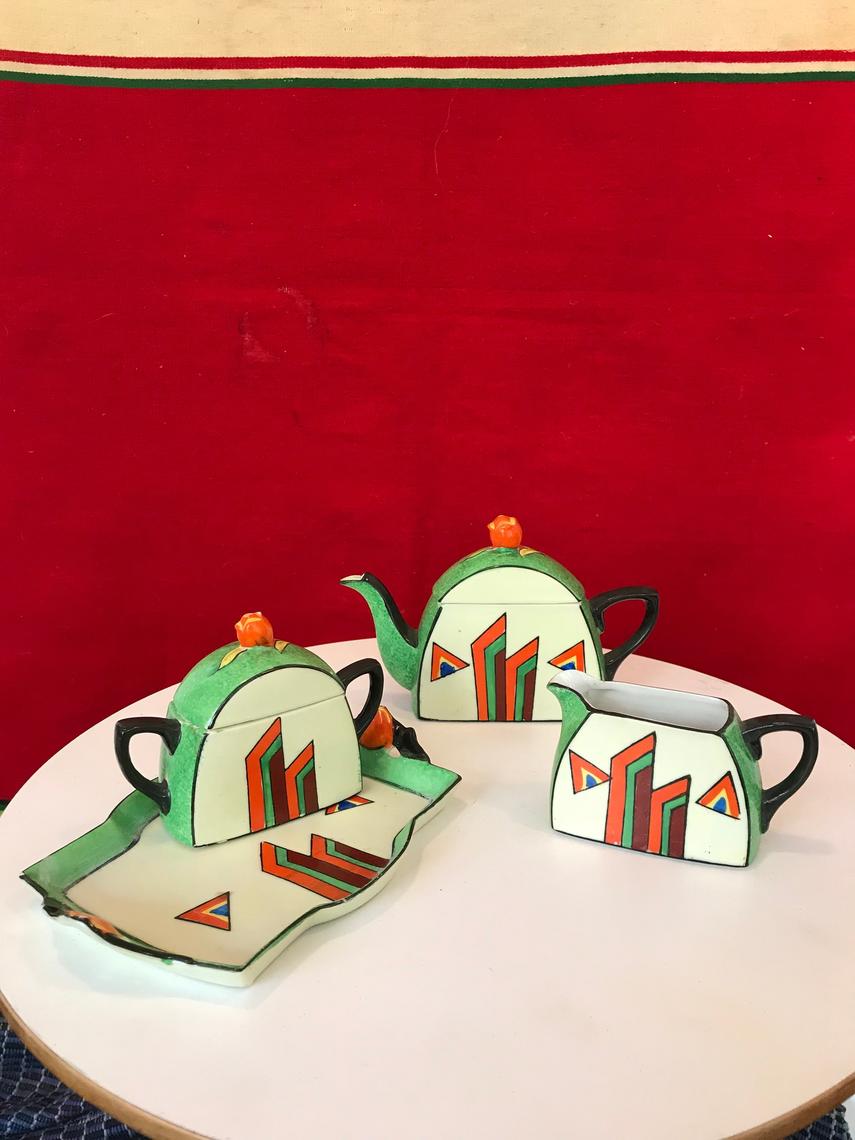 Geometric Hand Painted Tea Set with Tray, Cream, and Sugar. RareCo