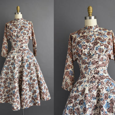 1950s vintage dress | Beautiful Abstract Floral Print Sweeping Full Skirt Cocktail Party Dress | Small | 50s dress 