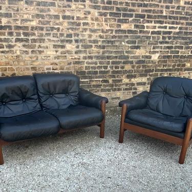 Mid-Century Scandinavian Leather 2-Seater Sofa & Chair, Set of 2