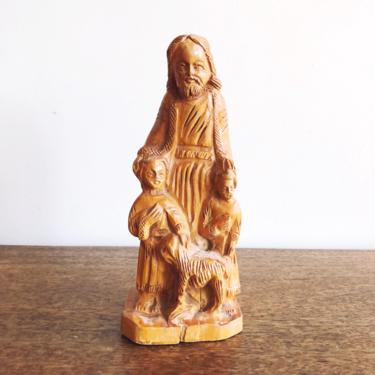 Vintage Carved Olive Wood Figure of Jesus with Children and a Lamb 