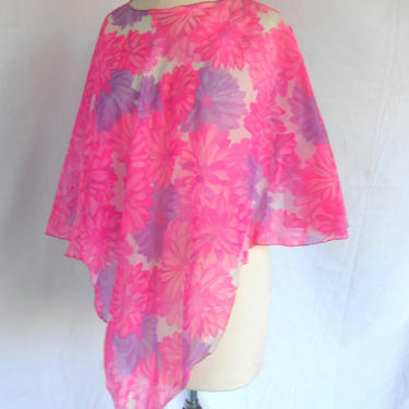 1970s Sheer Blouse Poncho Tunic Pink Purple Flowers Flowing Design 