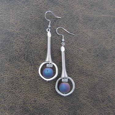 Mid century modern earrings, Brutalist earrings, minimalist earrings, electroplated druzy unique artisan, multicolor rainbow earrings silver 