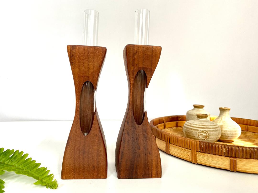 Vintage MCM Teak Wood Bud Vases with Glass Tube inserts The Brass