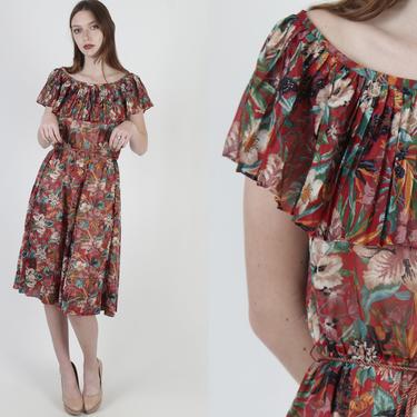 Vintage Off The Shoulder Dress / 70s Autumn Color Floral Print Dress / Tropical Garden Festival Dress / Disco Festival Thin Burgundy Mini 