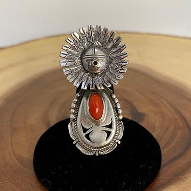 BENNIE RATION Sun Face Silver and Coral Ring | Navajo Kachina Doll, Native American Southwestern Jewelry | Large Statement Ring | Size 7 3/4 