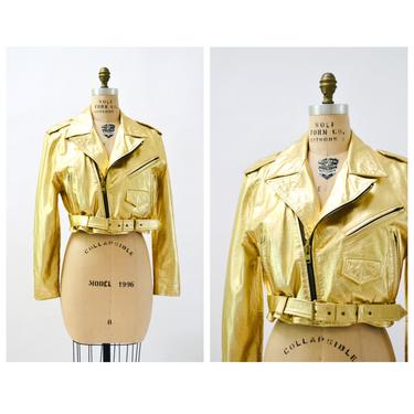 Vintage Gold Leather Jacket Biker Motorcycle Jacket Metallic Gold Leather Large // Gold metallic Leather Jacket Moto By LA ROXX Large 