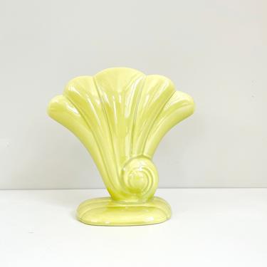 Vintage Red Wing Fan Vase, Chartreuse Green Yellow Scalloped Shell Vase 