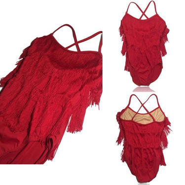 90s Flapper Bodysuit // Red Tassles // Criss Cross Back // Fully Lined // Weissman // Size Small / Medium // Festival wear 